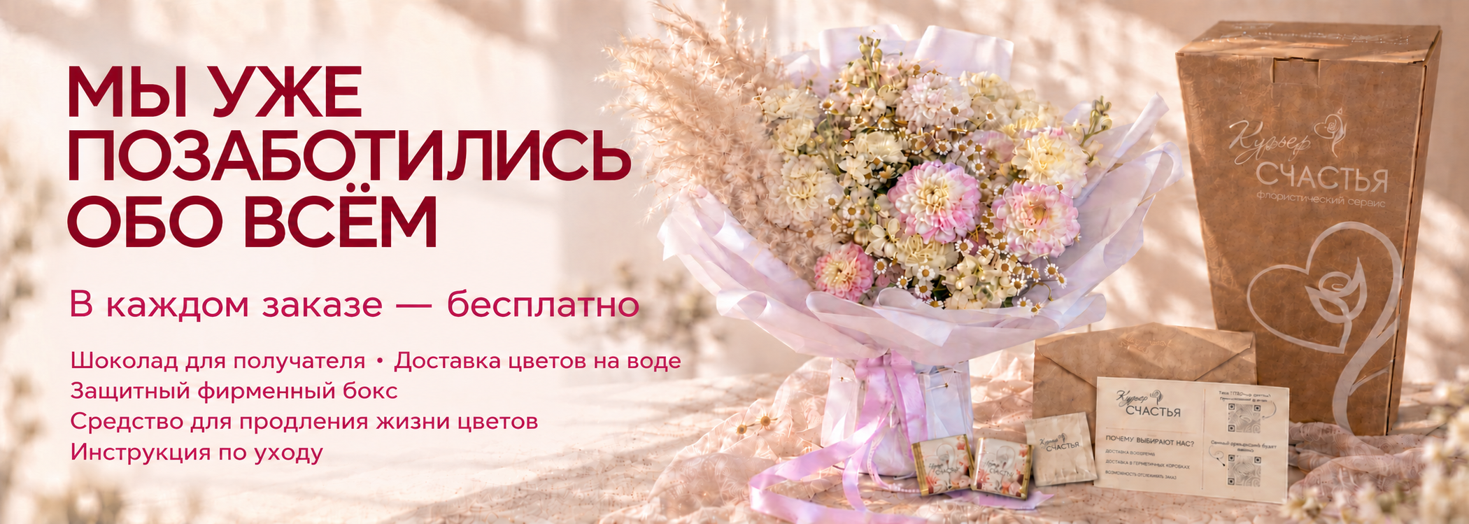 Мы уже позаботились обо всём. В каждом заказе бесплатно: шоколад для получателя, доставка цветов на воде, защитный фирменный бокс, средство для продления жизни цветов и инструкция по уходу.
